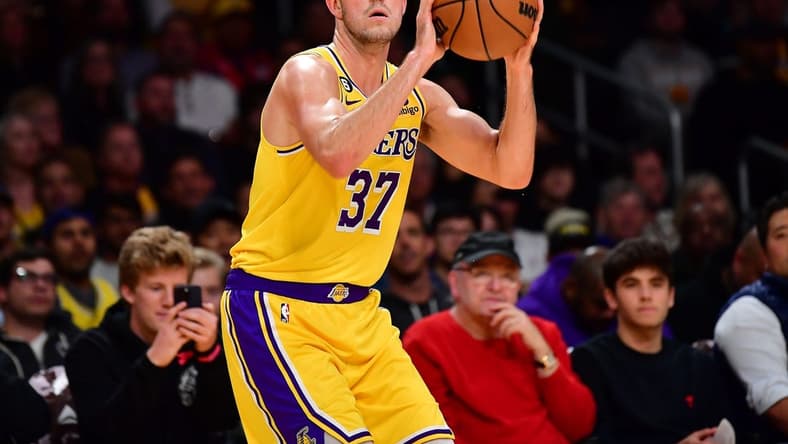Nov 2, 2022; Los Angeles, California, USA; Los Angeles Lakers forward Matt Ryan (37) shoots against the New Orleans Pelicans during the first half at Crypto.com Arena. Mandatory Credit: Gary A. Vasquez-USA TODAY Sports