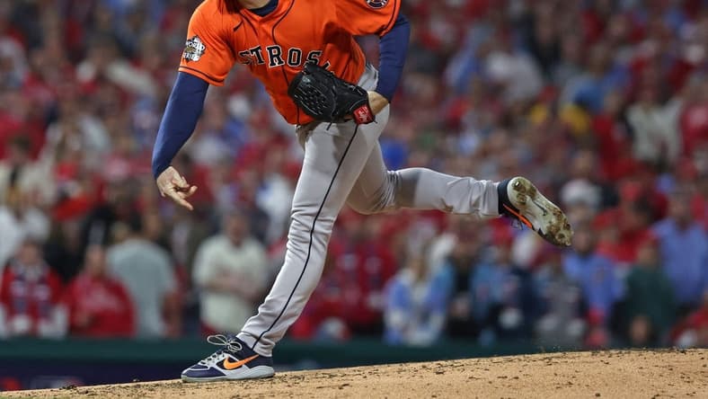 Nov 3, 2022; Philadelphia, Pennsylvania, USA; Houston Astros starting pitcher Justin Verlander (35) throws a pitch against the Philadelphia Phillies during the fourth inning in game five of the 2022 World Series at Citizens Bank Park. Mandatory Credit: Bill Streicher-USA TODAY Sports