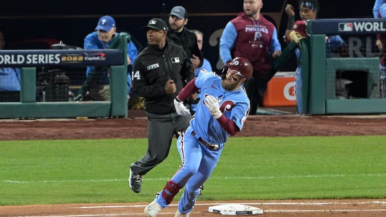 Nov 3, 2022; Philadelphia, Pennsylvania, USA; Philadelphia Phillies designated hitter Bryce Harper (3) runs toward second base after hitting a double against the Houston Astros during the fifth inning in game five of the 2022 World Series at Citizens Bank Park. Mandatory Credit: John Geliebter-USA TODAY Sports
