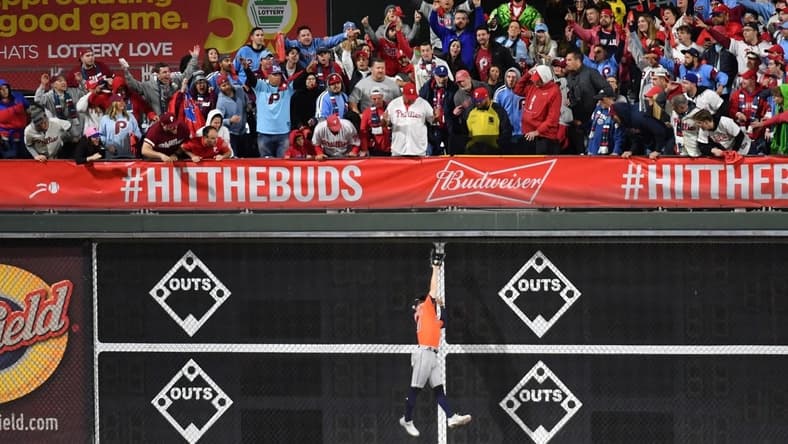 Nov 3, 2022; Philadelphia, Pennsylvania, USA; Houston Astros left fielder Chas McCormick (20) makes a catch on the fly ball hit by Philadelphia Phillies catcher J.T. Realmuto (not pictured) for the second out during the eighth inning in game five of the 2022 World Series at Citizens Bank Park. Mandatory Credit: Eric Hartline-USA TODAY Sports