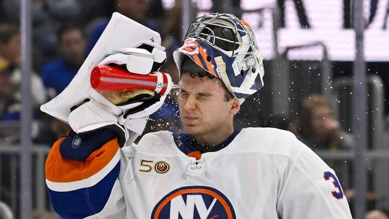 Nov 3, 2022; St. Louis, Missouri, USA; New York Islanders goaltender Ilya Sorokin (30) sprays water on his face during the second period against the St. Louis Blues at Enterprise Center. Mandatory Credit: Jeff Curry-USA TODAY Sports