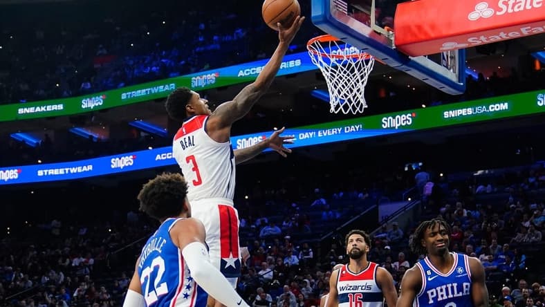 Nov 2, 2022; Philadelphia, Pennsylvania, USA; Washington Wizards shooting guard Bradley Beal (3) shoots a layup against the Philadelphia 76ers during the second quarter at Wells Fargo Center. Mandatory Credit: Gregory Fisher-USA TODAY Sports
