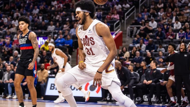 Nov 4, 2022; Detroit, Michigan, USA; Cleveland Cavaliers center Jarrett Allen (31) celebrates a dunk in the second quarter against the Detroit Pistons at Little Caesars Arena. Mandatory Credit: Allison Farrand-USA TODAY Sports