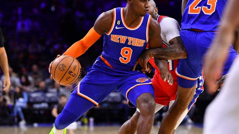 Nov 4, 2022; Philadelphia, Pennsylvania, USA; New York Knicks forward RJ Barrett (9) drives against Philadelphia 76ers forward P.J. Tucker (17) in the first quarter at Wells Fargo Center. Mandatory Credit: Kyle Ross-USA TODAY Sports
