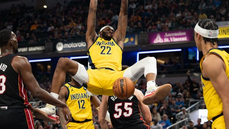 Nov 4, 2022; Indianapolis, Indiana, USA; Indiana Pacers forward Isaiah Jackson (22) dunks the ball during the second half against the Miami Heat at Gainbridge Fieldhouse. Mandatory Credit: Jacob Musselman-USA TODAY Sports