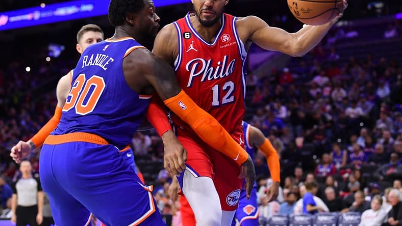 Nov 4, 2022; Philadelphia, Pennsylvania, USA; Philadelphia 76ers forward Tobias Harris (12) pushes past New York Knicks forward Julius Randle (30) in the third quarter at Wells Fargo Center. Mandatory Credit: Kyle Ross-USA TODAY Sports