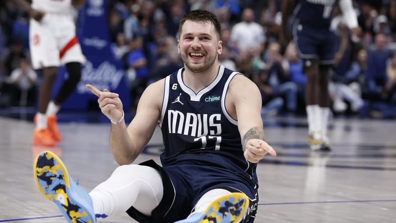 Nov 4, 2022; Dallas, Texas, USA; Dallas Mavericks guard Luka Doncic (77) reacts after making a basket in the second half against the Toronto Raptors at American Airlines Center. Mandatory Credit: Tim Heitman-USA TODAY Sports