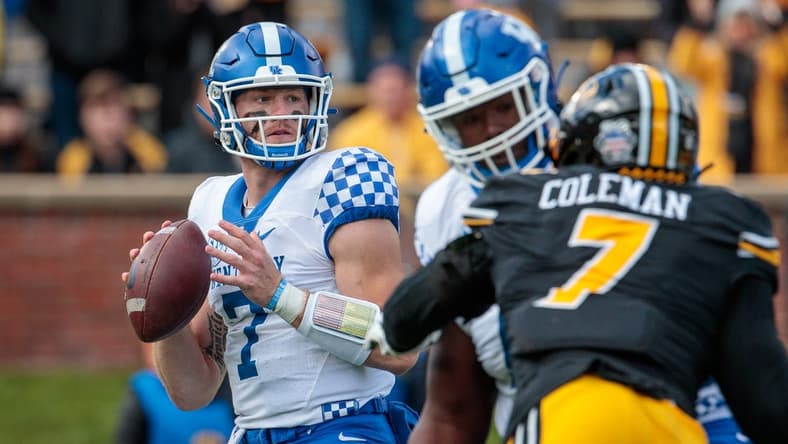 Nov 5, 2022; Columbia, Missouri, USA; Kentucky Wildcats quarterback Will Levis (7) looks to pass during the fourth quarter against the Missouri Tigers at Faurot Field at Memorial Stadium. Mandatory Credit: William Purnell-USA TODAY Sports