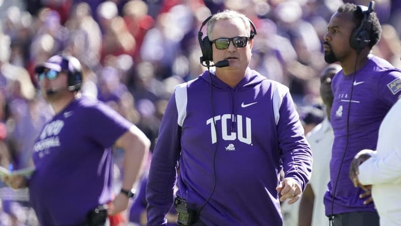 Nov 5, 2022; Fort Worth, Texas, USA; TCU Horned Frogs head coach Sonny Dykes walks on the sidelines during the second half of a game against the Texas Tech Red Raiders at Amon G. Carter Stadium. Mandatory Credit: Raymond Carlin III-USA TODAY Sports