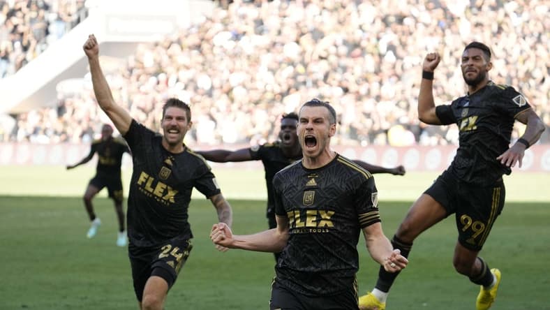 Nov 5, 2022; Los Angeles, CA, USA; Los Angeles FC forward Gareth Bale (11) celebrates after scoring a goal against the Philadelphia Union during extra time in the 2022 MLS Cup championship game at Banc of California Stadium. Mandatory Credit: Robert Hanashiro-USA TODAY Sports