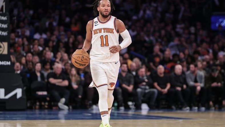 Nov 5, 2022; New York, New York, USA; New York Knicks guard Jalen Brunson (11) brings the ball up court in the third quarter against the Boston Celtics at Madison Square Garden. Mandatory Credit: Wendell Cruz-USA TODAY Sports