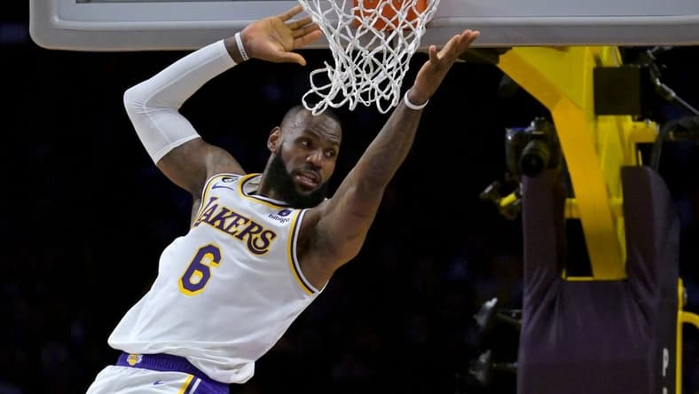 Nov 6, 2022; Los Angeles, California, USA;  Los Angeles Lakers forward LeBron James (6) reacts after missing a dunk in the first half against the Cleveland Cavaliers at Crypto.com Arena. Mandatory Credit: Jayne Kamin-Oncea-USA TODAY Sports