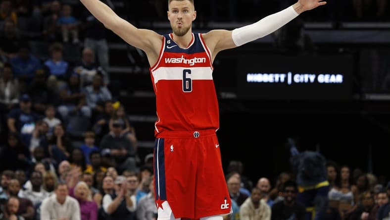 Nov 6, 2022; Memphis, Tennessee, USA; Washington Wizards center Kristaps Porzingis (6) reacts after a foul call during the second half against the Memphis Grizzlies at FedExForum. Mandatory Credit: Petre Thomas-USA TODAY Sports