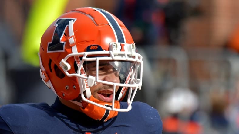 Nov 5, 2022; Champaign, Illinois, USA;  Illinois Fighting Illini running back Chase Brown (2) during the first half against the Michigan State Spartans at Memorial Stadium.  Mandatory Credit: Ron Johnson-USA TODAY Sports