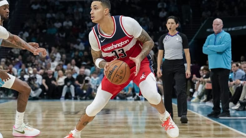 Nov 7, 2022; Charlotte, North Carolina, USA; Washington Wizards forward Kyle Kuzma (33) looks to shoot during the second half against the Charlotte Hornets at Spectrum Center. Mandatory Credit: Jim Dedmon-USA TODAY Sports