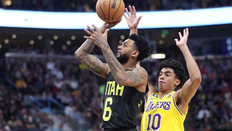 Nov 7, 2022; Salt Lake City, Utah, USA; Utah Jazz guard Nickeil Alexander-Walker (6) shoots the ball against Los Angeles Lakers guard Max Christie (10) in the second quarter at Vivint Arena. Mandatory Credit: Rob Gray-USA TODAY Sports