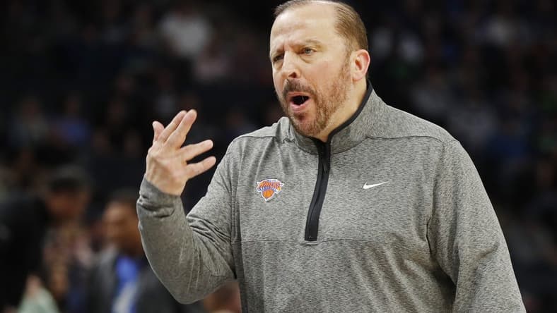 Nov 7, 2022; Minneapolis, Minnesota, USA; New York Knicks head coach Tom Thibodeau reacts to a call that favored the Minnesota Timberwolves in the third quarter at Target Center. Mandatory Credit: Bruce Kluckhohn-USA TODAY Sports