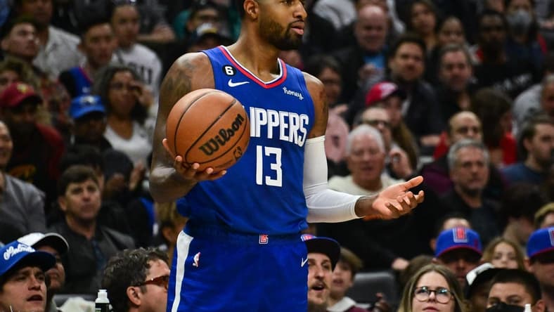 Nov 7, 2022; Los Angeles, California, USA; Los Angeles Clippers guard Paul George (13) in the second quarter against the Cleveland Cavaliers at Crypto.com Arena. Mandatory Credit: Richard Mackson-USA TODAY Sports
