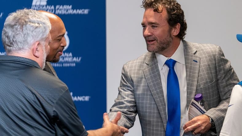 Newly announced interim head coach Jeff Saturday greets media members following a press conference on Monday, Nov. 7, 2022, during a press conference at the Colts headquarters in Indianapolis.