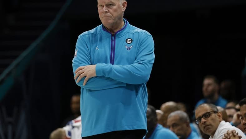 Nov 9, 2022; Charlotte, North Carolina, USA; Charlotte Hornets head coach Steve Clifford watches his team against the Portland Trail Blazers in the second half at Spectrum Center. The Portland Trail Blazers won 105-95. Mandatory Credit: Nell Redmond-USA TODAY Sports