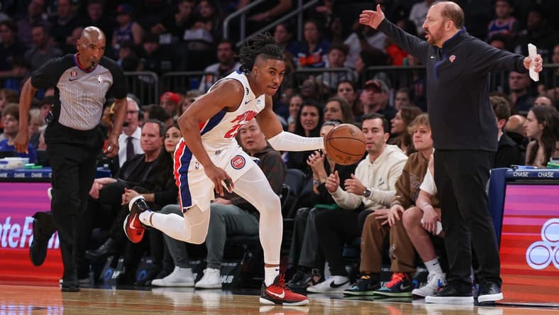Nov 11, 2022; New York, New York, USA; Detroit Pistons guard Jaden Ivey (23) dribbles up court after a steal during the first quarter in front of New York Knicks head coach Tom Thibodeau at Madison Square Garden. Mandatory Credit: Vincent Carchietta-USA TODAY Sports