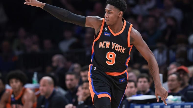 Nov 11, 2022; New York, New York, USA; New York Knicks guard RJ Barrett (9) reacts after making a basket against the Detroit Pistons during the first half at Madison Square Garden. Mandatory Credit: Vincent Carchietta-USA TODAY Sports