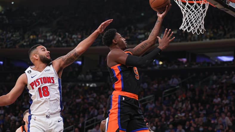 Nov 11, 2022; New York, New York, USA; New York Knicks guard RJ Barrett (9) drives to the basket as Detroit Pistons guard Cory Joseph (18) defends during the second half at Madison Square Garden. Mandatory Credit: Vincent Carchietta-USA TODAY Sports