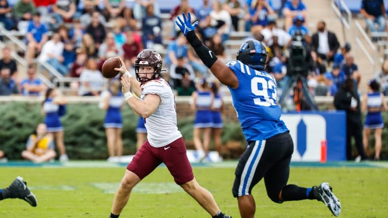Nov 12, 2022; Durham, North Carolina, USA;  Virginia Tech Hokies quarterback Grant Wells (6) prepares to throw the ball during the second half against Duke Blue Devils at Wallace Wade Stadium. Mandatory Credit: Jaylynn Nash-USA TODAY Sports