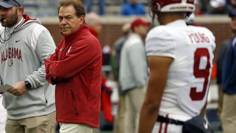 Nov 12, 2022; Oxford, Mississippi, USA; Alabama Crimson Tide head coach Nick Saban walks the field during warm up prior to the game against the Mississippi Rebels at Vaught-Hemingway Stadium. Mandatory Credit: Petre Thomas-USA TODAY Sports