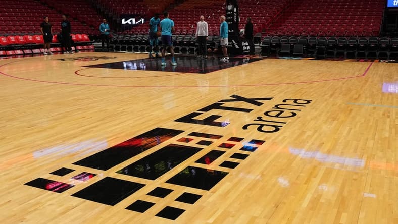 Nov 12, 2022; Miami, Florida, USA; A general view of the FTX Arena logo on the court prior to the game between the Miami Heat and the Charlotte Hornets at FTX Arena. Mandatory Credit: Jasen Vinlove-USA TODAY Sports