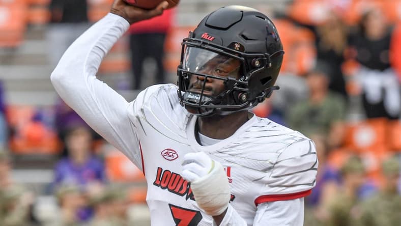 Nov 12, 2022; Clemson, South Carolina, USA; Louisville quarterback Malik Cunningham (3) warms up on the field before the game with Clemson at Memorial Stadium in Clemson, South Carolina Saturday, Nov. 12, 2022. Mandatory Credit: Ken Ruinard-USA TODAY Sports