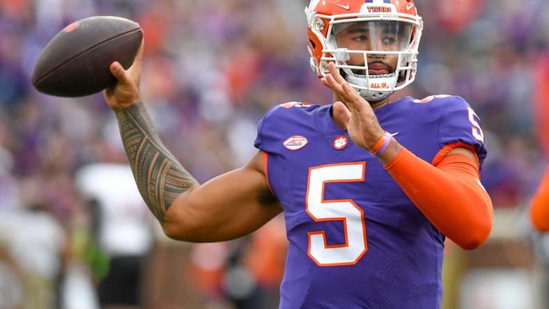 Nov 12, 2022; Clemson, South Carolina, USA; Nov 12, 2022; Clemson, South Carolina, USA; Clemson quarterback D.J. Uiagalelei (5) warms up passing before the game with Louisville at Memorial Stadium in Clemson, South Carolina Saturday, Nov. 12, 2022. Mandatory Credit: Ken Ruinard-USA TODAY Sports Mandatory Credit: Ken Ruinard-USA TODAY Sports