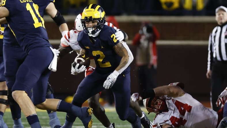 Nov 12, 2022; Ann Arbor, Michigan, USA;  Michigan Wolverines running back Blake Corum (2) rushes in the second half against the Nebraska Cornhuskers at Michigan Stadium. Mandatory Credit: Rick Osentoski-USA TODAY Sports