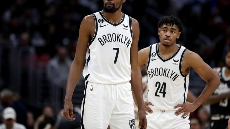 Nov 12, 2022; Los Angeles, California, USA; Brooklyn Nets forward Kevin Durant (7) and guard Cam Thomas (24) during the second half against the Los Angeles Clippers at Crypto.com Arena. Mandatory Credit: Kiyoshi Mio-USA TODAY Sports