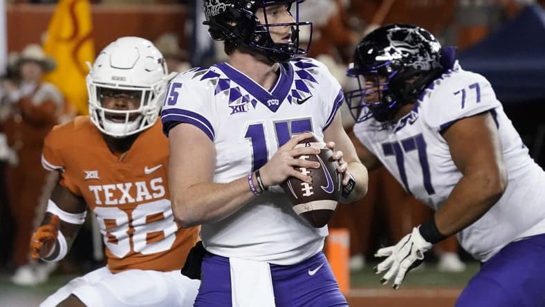 Nov 12, 2022; Austin, Texas, USA; Texas Christian Horned Frogs quarterback Max Duggan (15) prepares to throw a pass against the Texas Longhorns during the first half at Darrell K Royal-Texas Memorial Stadium. Mandatory Credit: Scott Wachter-USA TODAY Sports