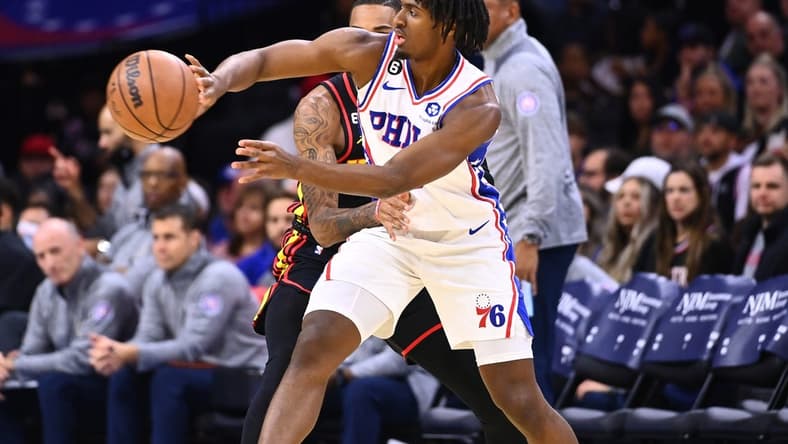Nov 12, 2022; Philadelphia, Pennsylvania, USA; Philadelphia 76ers guard Tyrese Maxey (0) passes the ball against the Atlanta Hawks in the first quarter at Wells Fargo Center. Mandatory Credit: Kyle Ross-USA TODAY Sports