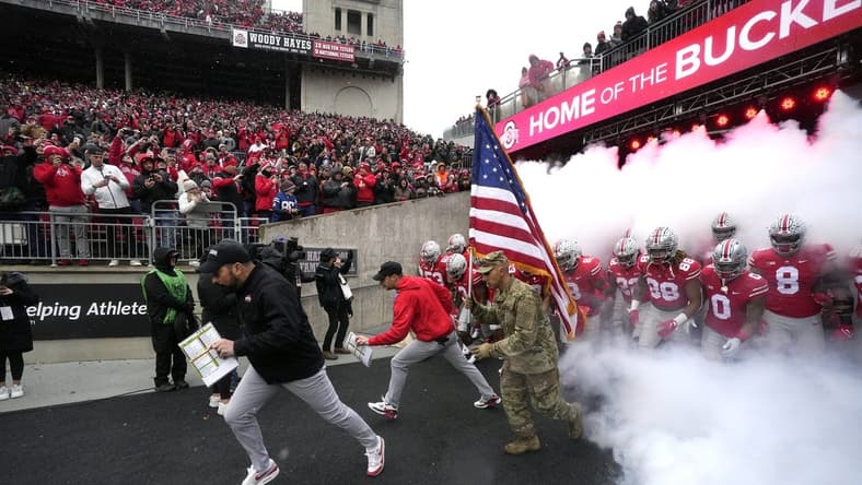 Nov 12, 2022; Columbus, Ohio, USA; The Ohio State Buckeyes take the field led by head coach Ryan Day before a game against the Indiana Hoosiers at Ohio Stadium. Mandatory Credit: Brooke LaValley-The Columbus Dispatch via USA TODAY NETWORK