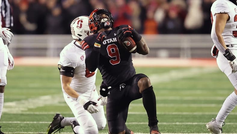 Nov 12, 2022; Salt Lake City, Utah, USA; Utah Utes running back Tavion Thomas (9) reacts after a play against the Stanford Cardinal in the first quarter at Rice-Eccles Stadium. Mandatory Credit: Rob Gray-USA TODAY Sports