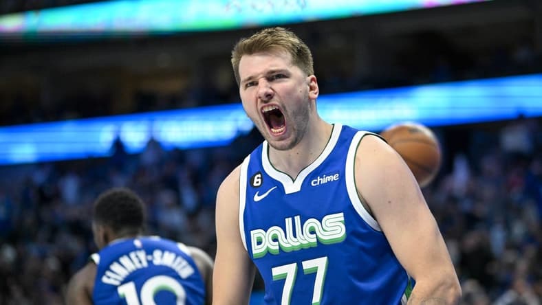 Nov 12, 2022; Dallas, Texas, USA; Dallas Mavericks guard Luka Doncic (77) reacts to making a basket against the Portland Trail Blazers during the second half at the American Airlines Center. Mandatory Credit: Jerome Miron-USA TODAY Sports