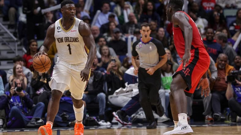 Nov 12, 2022; New Orleans, Louisiana, USA; New Orleans Pelicans forward Zion Williamson (1) dribbles against the Houston Rockets during the second half at Smoothie King Center. Mandatory Credit: Stephen Lew-USA TODAY Sports