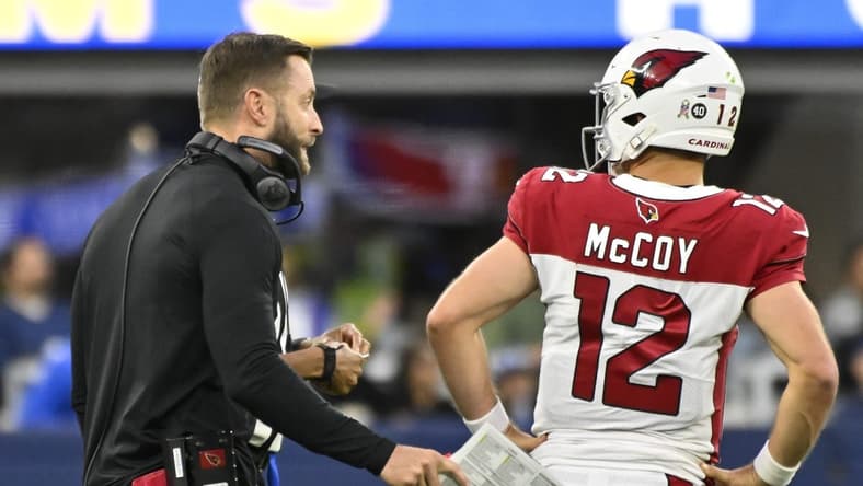 Nov 13, 2022; Inglewood, California, USA; Arizona Cardinals head coach Kliff Kingsbury talks to quarterback Colt McCoy (12) during the fourth quarter against the Los Angeles Rams at SoFi Stadium. Mandatory Credit: Robert Hanashiro-USA TODAY Sports