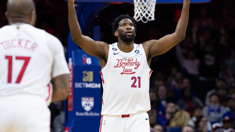 Nov 13, 2022; Philadelphia, Pennsylvania, USA; Philadelphia 76ers center Joel Embiid (21) reacts after scoring against the Utah Jazz during the second quarter at Wells Fargo Center. Mandatory Credit: Bill Streicher-USA TODAY Sports