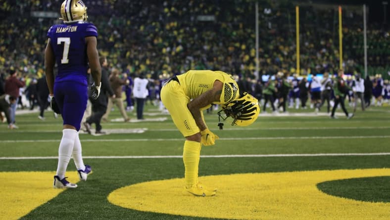 Oregon's Kris Hutson remains in the end zone after the team's loss against Washington Saturday, Nov. 12, 2022, at Autzen Stadium in Eugene, Ore.

2022-11-14--oregon loss