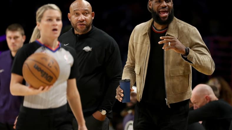 Nov 13, 2022; Los Angeles, California, USA; Los Angeles Lakers forward LeBron James (right) during a game against the Brooklyn Nets at Crypto.com Arena. Mandatory Credit: Kiyoshi Mio-USA TODAY Sports