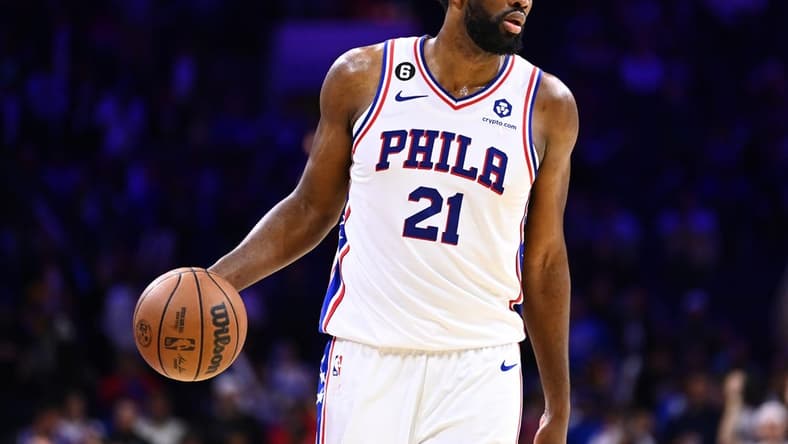 Nov 12, 2022; Philadelphia, Pennsylvania, USA; Philadelphia 76ers center Joel Embiid (21) controls the ball against the Atlanta Hawks in the fourth quarter at Wells Fargo Center. Mandatory Credit: Kyle Ross-USA TODAY Sports