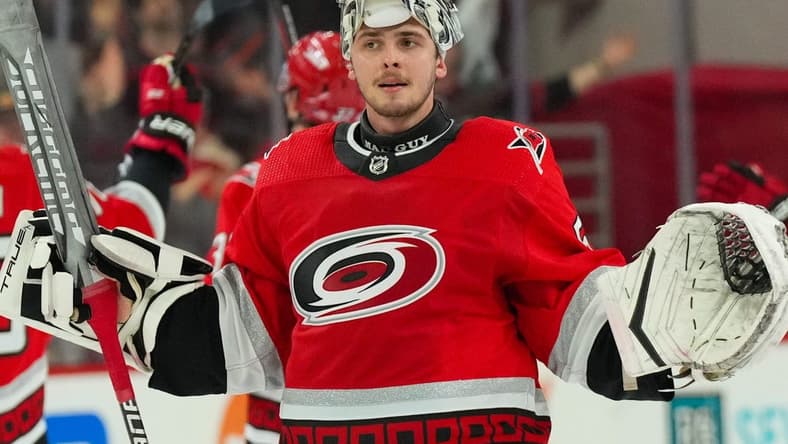 Nov 10, 2022; Raleigh, North Carolina, USA; Carolina Hurricanes goaltender Pyotr Kochetkov (52) at PNC Arena. Mandatory Credit: James Guillory-USA TODAY Sports