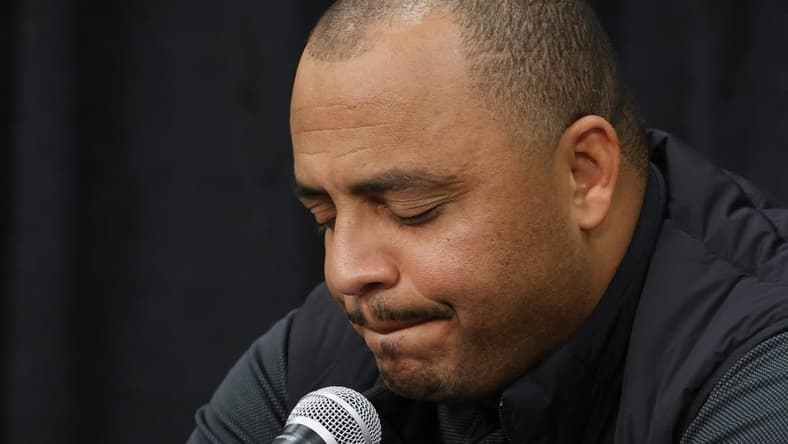 Nov 15, 2022; Charlottesville, Virginia, US; Virginia Cavaliers head coach Tony Elliott collects himself while answering a question from the media during a press conference regarding the deaths of three Cavaliers players from a shooting on the university grounds late Sunday night in Charlottesville. Mandatory Credit: Geoff Burke-USA TODAY NETWORK