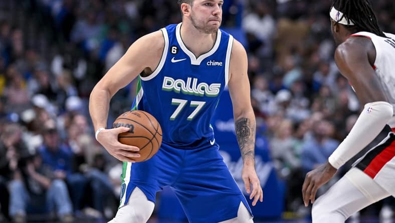 Nov 12, 2022; Dallas, Texas, USA; Dallas Mavericks guard Luka Doncic (77) in action during the game between the Dallas Mavericks and the Portland Trail Blazers at the American Airlines Center. Mandatory Credit: Jerome Miron-USA TODAY Sports