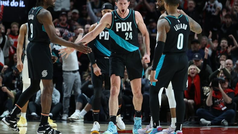 Nov 15, 2022; Portland, Oregon, USA; Portland Trail Blazers forward Drew Eubanks (24) reacts after scoring against the San Antonio Spurs in the second half at Moda Center. Mandatory Credit: Jaime Valdez-USA TODAY Sports