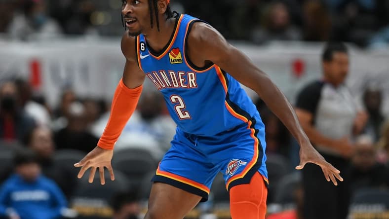 Nov 16, 2022; Washington, District of Columbia, USA; Oklahoma City Thunder guard Shai Gilgeous-Alexander (2) defends during the first half against the Washington Wizards at Capital One Arena. Mandatory Credit: Tommy Gilligan-USA TODAY Sports